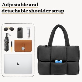 NAARIIAN Women puffer big tote bag Cotton padded handbag Lightweight Soft puffy Dupes(Black XL)