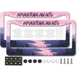 2PCS Pink Adventure Awaits Pattern License Plate Frames for Girl Women - Universal Aluminum Stainless Steel Car Tag Covers Holder with Screws, Caps, Rattle Proof Pads and Handlebar Stickers