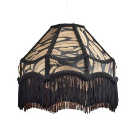 Traditional Handmade Victorian Empire Lamp Shade in Black Jacquard Cloth with Gold Leaves and Embroidered Trims | 30cm x 19cm | for Pendant or Lamp Base by Happy Homewares
