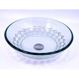 Lorixon 16" Clear Tempered Glass Vessel Sink Unique Square Pattern Pop Up Drain Chrome