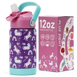 Pluseight Kids Insulated Water Bottle with Straw Lid, 350 ml, BPA-Free Double Wall Vacuum Tumbler, 18/8 Stainless Steel Leak-Proof Kids Cups with Straw for School, Travel, Boys and Girls (Unicorn)