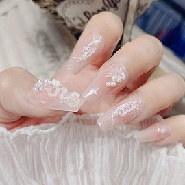 BQZQPAMZ 10Pcs Nude Press On Nails Medium Coffin White Butterfly False Nails With Pearls 3D Butterfly Stick On Nails Full Coverage Acrylic Nails for Women Summer Nail Art Supplies