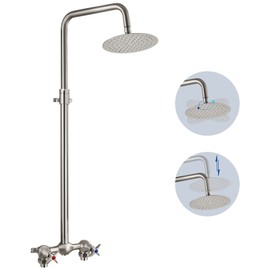 Aolemi Outdoor Shower Kit Wall Mount Brushed Nickel Rainfall 8 Inch SUS304 Shower Head With 2 Cross Handles with Adjustable Pipe Exposed Shower Outdoor Shower Faucet