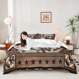 Western Stars Wooden Door Kids Duvet Cover Set Queen Size,Boys Girls Adults Xmas Decor,Abstract Cow Fur Print Comforter Cover,Rustic Farmhouse Bedding Set,Brown Country Quilt Cover,2 Pillowcases