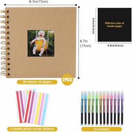 2 Pack Scrapbook Photo Album, BetterJonny DIY Black Scrap Book with Colored Pencil and Corner Sticker - Ideal for Kids Adullts Baby Scrapbooking Arts Crafts Travel Couples