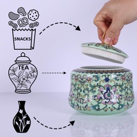 Handmade Chinoiserie Enamel Ginger Jar with Lid,Decorative Storage Jar for Loose Tea,Nuts & Snacks,Ceramic Vase Style Home Decor Canister,Colorful Jar for Kitchen,Living Room (Green Jar)