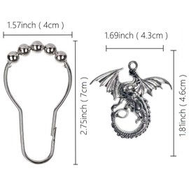 ZILucky Set of 12 Dragon Shower Curtain Hooks Decorative Home Bathroom Flying Winged Dragon Medieval Fantasy Fairytale Mythical Beast Stainless Steel Rustproof Brushed Nickel Rings (Silver)