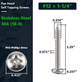 #12 x 1-1/4" (50 Pack) Stainless Steel Phillips Pan Head Wood Screws, Stainless Steel 304 (18-8), Pan Head Sheet Metal Screws Self Tapping Screws