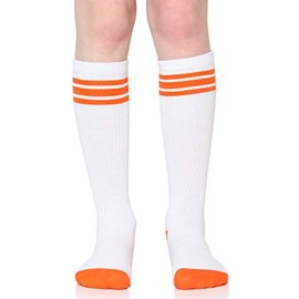juDanzy Tall Knee High Sport Socks with Stripes and Anti-Slip Grips for Kids Toddlers and Children (10-15 White/Orange)