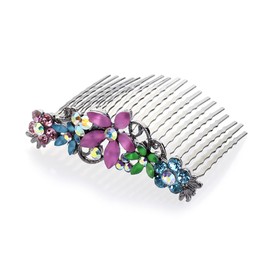 Medium Decorative Hair Comb Rhinestone Crystal Frosted Flowers Bridal Hair Comb, Rainbow