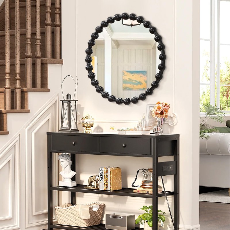 AAZZKANG Black Round Wall Mirror Metal Framed Beaded Mirrors Decorative