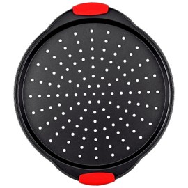 ZOEHROWS Pizza Pan for Oven, Round Pizza Pan with Holes - Non-Stick Carbon Steel Pizza Tray with Silicone Handles - for Cooking, Baking, and Grilling - Dishwasher Safe