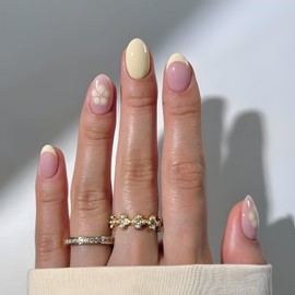 24Pcs Short Press on Nails Flower Fake Nails French Tip Glue on Nail with Yellow Flower Design Almond Stick on Nail Yellow Glossy Nails Press Ons for Women DIY Party False Nail Decoration Set