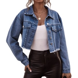 LONGYIDA Denim Jacket for Women Button Down Distressed Cropped Jean Jacket Frayed Raw Hem Denim Jacket Coat(Dark Blue01,L)