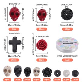 SUNNYCLUE 203Pcs Halloween Skull Beads Skeleton Charms Bulk Natural Lava Rock Synthetic Turquoise Black Stone Cross Flower Rose Spacer Beads for jewellery Making Bracelets Necklaces DIY Crafts
