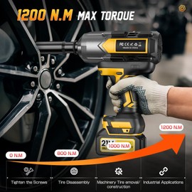 Cordless Impact Wrench 1200 N.m (900Ft-lbs), 1/2 inch Brushless Impact Gun with 2 x 4,0 AH Battery, 5 Sockets & Storage Case, 1 Converter 3/4", 1 Extension, 3 Rubber Rings, for Car/Truck/Home
