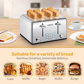 Geek Chef Stainless Steel Toaster 4 Slice, with Extra Wide Slots for Bagels, Removable Tray, Cancel/Defrost/Reheat Functions