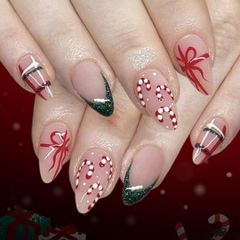 Christmas Press on Nails Medium Almond Fake Nails Green Glitter French Tip with Red Bow, Candy Canes & Stripes Design, Full Cover Glossy Acrylic Nails for Women & Girls 24PCS