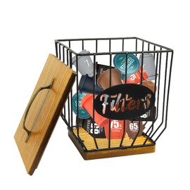 Porssaut Coffee Filter Storage with Lid, Coffee Pod Holder with Lid Square Coffee Filter Dispenser Large Capacity Metal Black Coffee Filter Storage Basket for Counter
