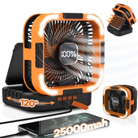 Maraiss 25000mah Camping Solar Fan, 120° Oscillation Rechargeable Solar Powered Fan with LED Light, 6 Adjustable Speeds Battery Powered Portable Fans, USB-C Fans for Travel Tent Camping Accessories