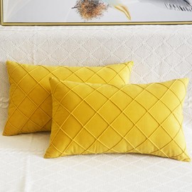 Lutanky Velvet Cushion Covers (Pack of 2) Elegant Rectangle Throw Pillow Cases Checked Design Soft Pillow Covers for Sofa Bedroom Home Decoration12x20 Inch 30 x 50 cm Dark Yellow