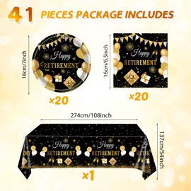 41Pcs Black Gold Retirement Party Decorations, Happy Retirement Party Supplies Includes 20 Plates,20 Napkins and 1 Tablecloth, Black Gold Disposable Dinnerware for Women Men Retirement Party Tableware