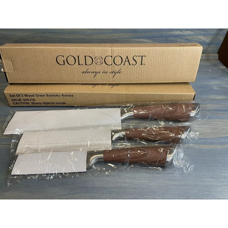 Gold Coast Set of 3 Wood Grain Santoku Knives