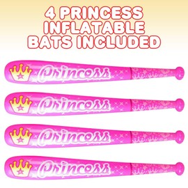 ArtCreativity Princess Baseball Bat Inflates for Kids, Set of 4, 40 Inch Durable Inflates, Cool Princess Birthday Party Favors for Girls, Decorations, and Supplies, Carnival Party Prizes