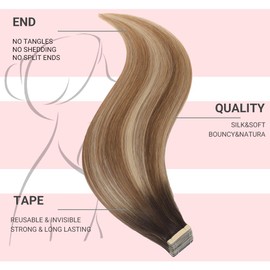 HotLulana Tape-In Real Hair Extensions, Chestnut Brown to Light Brown Mix Light Blonde (#2/6/18 K) Extensions, Real Hair, 24 Inches / 60 cm, 40 Pieces, 100 g, Invisible, 100% Natural Skin Weft Tape-In