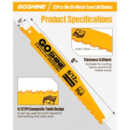 25 Pack 6 Inch 6/12 TPI Bi-Metal Reciprocating Saw Blades for Nail-Embedded Wood Demolition，6” Wood sawzall Blades