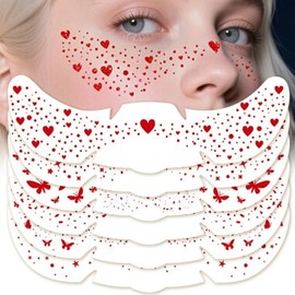 Face Glitter Makeup Patches, 6 Piece Waterproof Freckle Stickers, Red Hearts Stars and Butterflies Design