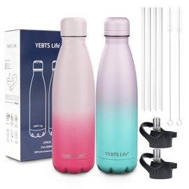 Botella de agua aislada, paquete de 2 botellas de agua de acero inoxidable de 17 onzas con tapa de pajita, botellas de agua deportivas de metal para niños, niñas, frasco de doble pared sin BPA para