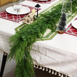 osayhome 2 Pcs 6 Ft Artificial Norfolk Pine Garlands, Real Touch Winter Pine Garland, Green Artificial Greenery Garland for Table, Mantle, Wall, Indoor, Outdoor Christmas Decorations