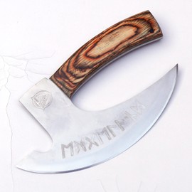 Edgelandknives® Pizza Cutter Axe 8 inch Ulu Knife, Rocking Knife Mincing Meat Vegetable Cleaver Kitchen Knife, Rosewood Handle & Heavy Duty Viking Axe Head with Sheath, Viking Butcher Cleaver Knife