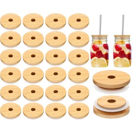 30 Pieces 70mm Bamboo Jar Lids Bulk with Straw Hole for Glass Cups Reusable Wooden Mason Jar Lids for Beer Can Cups, 2.76 Inch Lids with Silicone Ring for Regular Mouth Drinking Jars