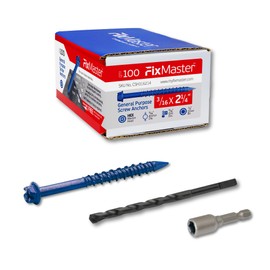 FixMaster 3/16 x 2-1/4" Hex Head Blue Concrete Screw Anchors (100 pcs Screw Kit) with one Screwdriver and Drill Bit for Concrete, Masonry, Block, Brick and Wood Fastening