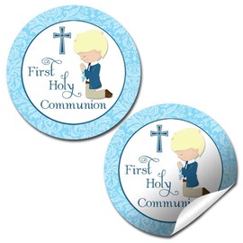 First Holy Communion Religious Thank You Sticker Labels for Boys (Light Skin, Blond Hair), 40 2" Party Circle Stickers by AmandaCreation, Great for Party Favors, Envelope Seals & Goodie Bags