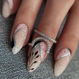 24 PCS Marble Press on Nails with Silver Line Design, Glossy Glitter Leaves Pattern False Nails Gel Glue on Nails, Sparkly Manicure Art Acrylic Medium Almond Fake Nails Stick on Nails for Women Girls