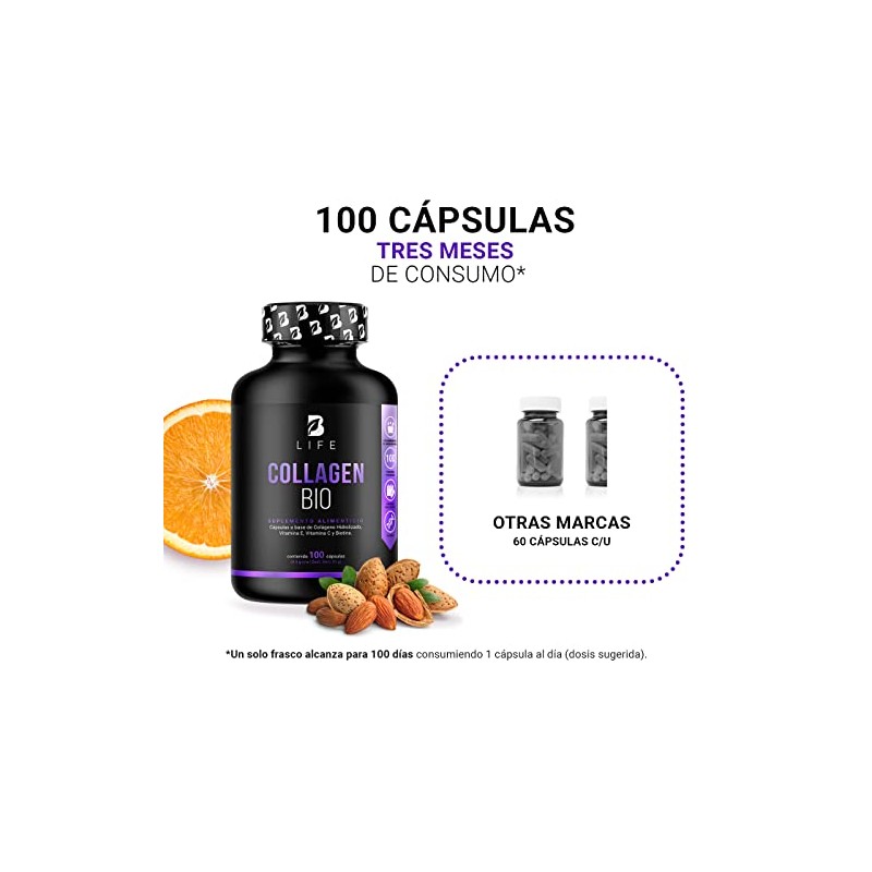 Biotina de 100 Cápsulas. Ingredientes naturales: Colágeno, Vitamina E y