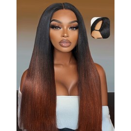 YIROO Yaki Straight V Part Wig Reddish Brown Human Hair Upgrade U Part Wig with Dark Roots Glueless No Leave Out Elastic Drawstring Clip In Half Wig Put On and Go V Part Ombre Straight Wigs 20Inch