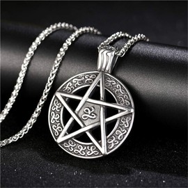 FIZIZDH Men's Stainless Steel Star Pentagram Pentacle Pagan Wiccan Witch Gothic Pendant Necklace,24 inch Keel Link Chain