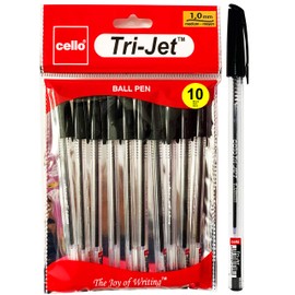 Cello Tri-Jet Ballpoint Pens Extra Grip Medium Point Biros (1.0 mm) - Black Pens, Pack Of 10