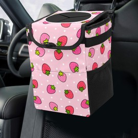 GACTIVITY Pink Strawberry Car Trash Can with Lid Collapsible Reusable Waterproof Car garage bag,Automotive Garbage Can,Car Accessories Interior Car Organizer