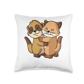 Meerkat and Cat Hugging Cute Kawaii Animal Lover Women Girls Throw Pillow