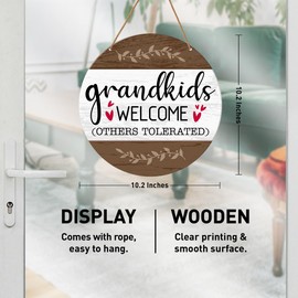 HSNBT Funny Welcome Sign for Front Door, GrandKids Welcome Others Tolerated, Funny Welcome Hanging Sign for Home Front Door Porch Rustic Wall Decorations Housewarming Gift for Grandma Grandparent