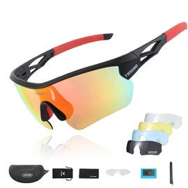 TOSUOD Polarized Sport Sunglasses UV Protection Cycling Sunglasses Sport Sunglasses for Men Women with 5 Interchangeable Lenes for Running Baseball Golf Driving Black-Red