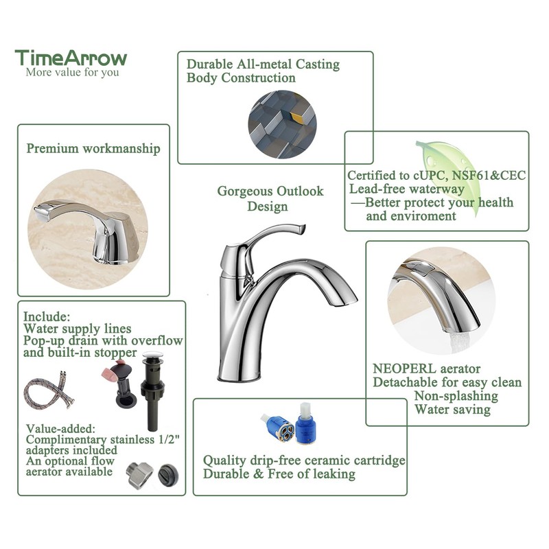 TimeArrow Chrome Bathroom Faucet, Single Handle Bathroom Sink Faucet for