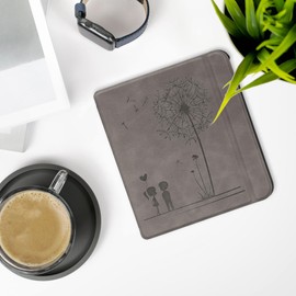 kwmobile Case Compatible with Kobo Kobo Libra Colour/Tolino Vision Colour Case - Faux Leather Cover - Dandelion Love Grey