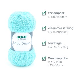 Gründl Baby Dream Wool Cuddly Knitting and Crochet Yarn 100% Polyester 50 g / 136 m Needle Size 5-6 10 x 50 g Mint