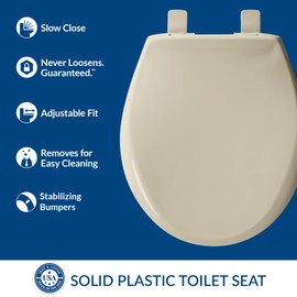 Mayfair Aurora Slow Close Toilet Seat, Easy Clean Hinges and Adjustable Perfect Fit Plastic Seat, Made in USA, Round, Bone